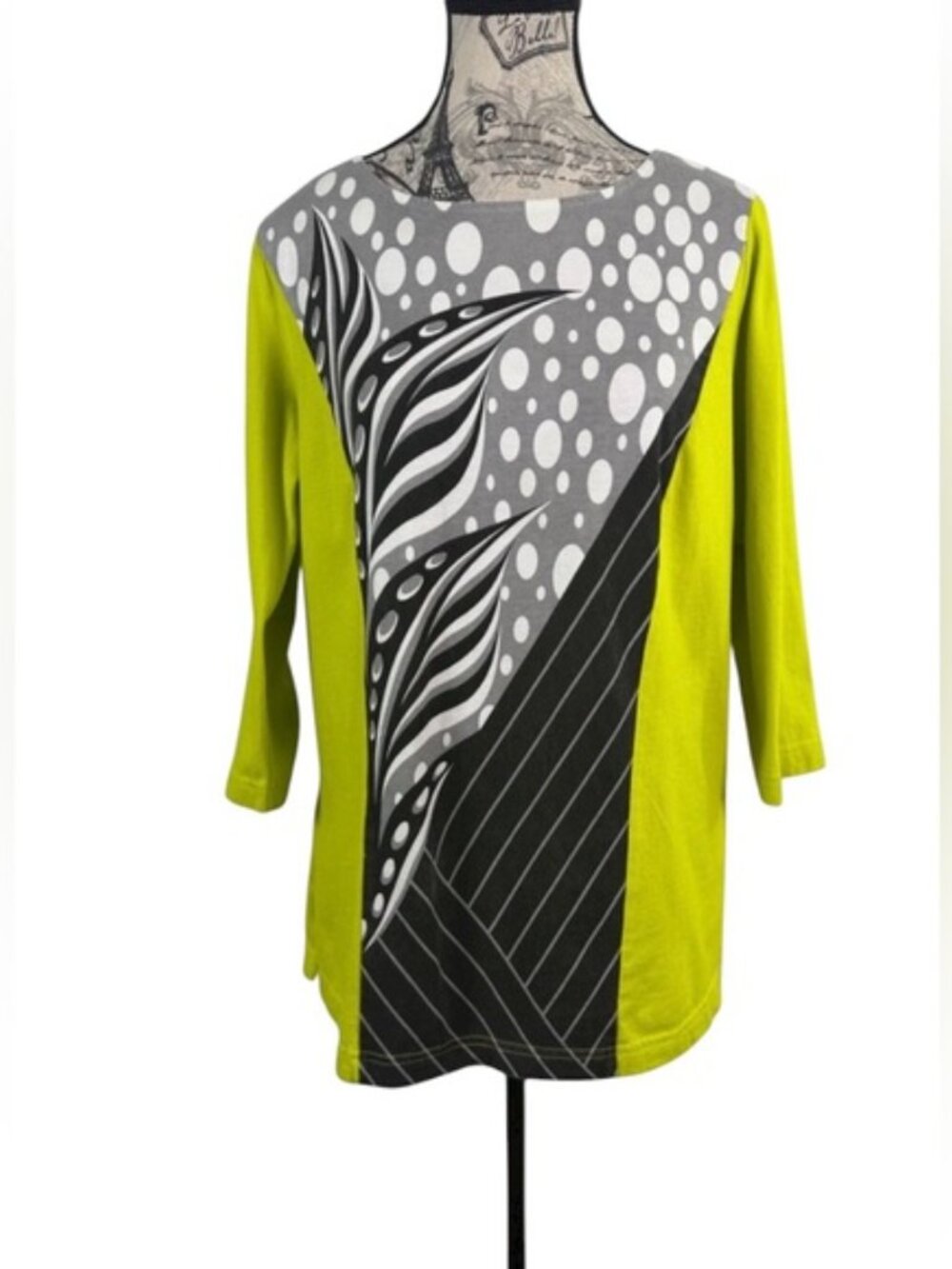 Bob Mackie Wearable Art Chartreuse Abstract Tunic Top 100% Cotton M - Picture 2 of 10